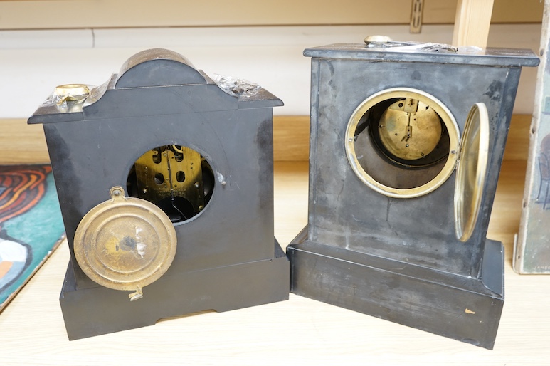 Two Victorian slate mantel clocks, each with pendulum and key, largest 35cm high. Condition - fair to good, untested